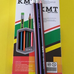 مداد مشکی سه گوش  پاک کن دار کی ام تی KMT طرح نئون (بسته ای )