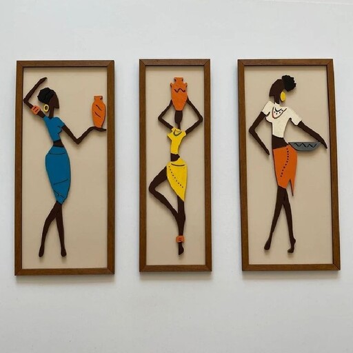 تابلو قاب دستساز دیواری چوب چوبی دکوری طرح زن سیاه پوست سه تکه