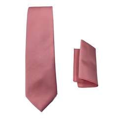 کراوات مردانه ساتن ساده صورتی رنگ همراه با دستمال جیب ارسال رایگان