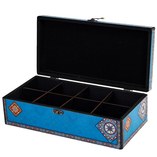 جعبه چوبی چای و دمنوش و میوه خشک و  پذیرایی و جعبه کادویی دکوپاژ  8 خانه طرح دار سنتی مدل  Z  کد  101
