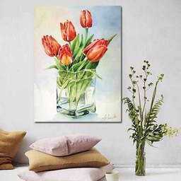 تابلو بوم چاپی لاویا طرح نقاشی گلدان گل لاله کد LAV-1169
