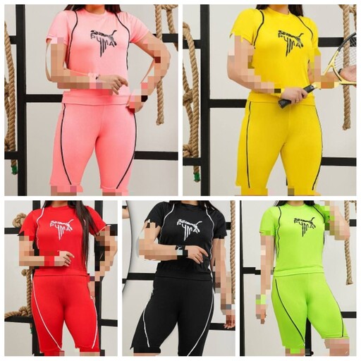 ست ورزشی تیشرت شلوارک و مچبند پوما زنانه جنس فلامنت اعلا در 5 رنگبندی فیری سایز 38 تا 46