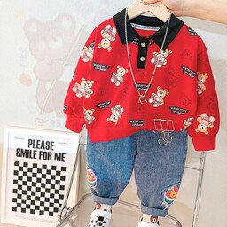 لباس بچه گانه ست بلوز نخی به همراه شلوار جین مدل قرمز (کد 34)

