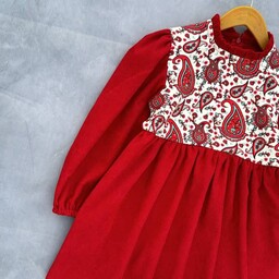 پیراهن دخترانه مخمل کبریتی طرح سنتی  رنگ قرمز دونه اناری برند دلوان