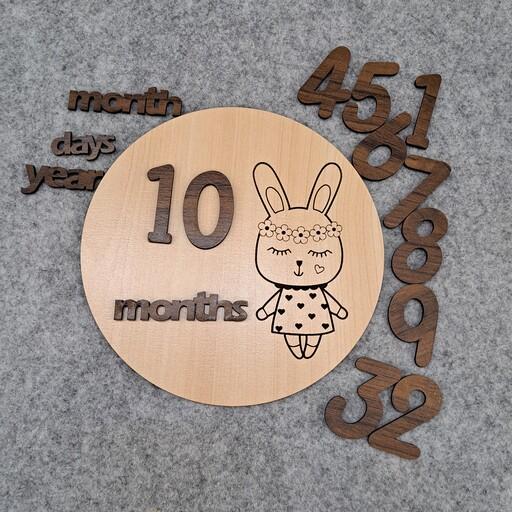 تک دیسک ماهگرد خرگوش مهربون . شامل دیسک چوبی قطر 15 سانت و اعداد برای 12 ماه . و کلمه های روز  ماه و سال