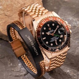 ساعت مچی عقربه ای مردانه Rolex صفحه مشکی بند طلایی کد 2045