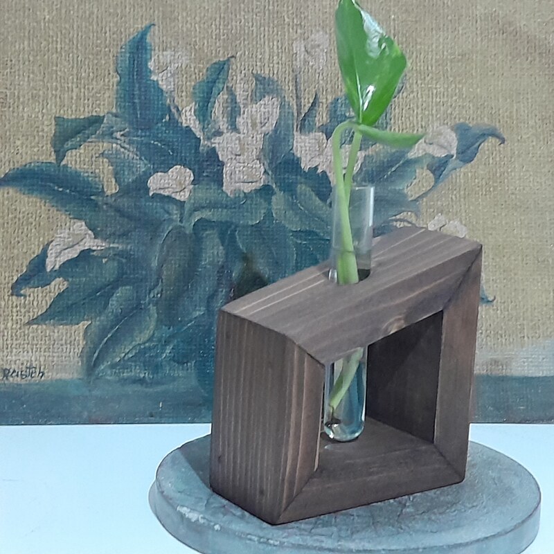 گلدان چوب و شیشه رومیزی 10 سانتی قهوه ای تک شیشه