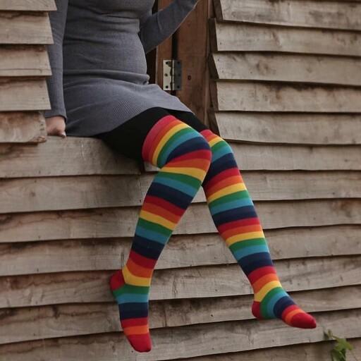 جوراب ساق بلند دخترونه راه راه رنگین کمونی  فری سایز