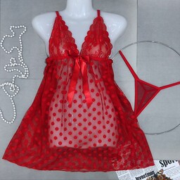 لباس خواب زنانه خال خالی جنس توری دوتکه با شورت لامبادا فری سایز 38 تا 42 رنگ قرمز مشکی سفید