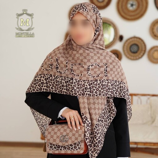 ست کیف و روسری و شال زنانه طرح گوچی حاشیه پلنگی رنگ کرم روسری نخی طرح پلنگی mo700