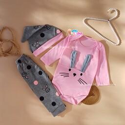لباس سه تیکه نوزادی زیردکمه و شلوار و کلاه بچگانه خرگوشی دخترانه پلی استر پنبه قیمت مناسب
