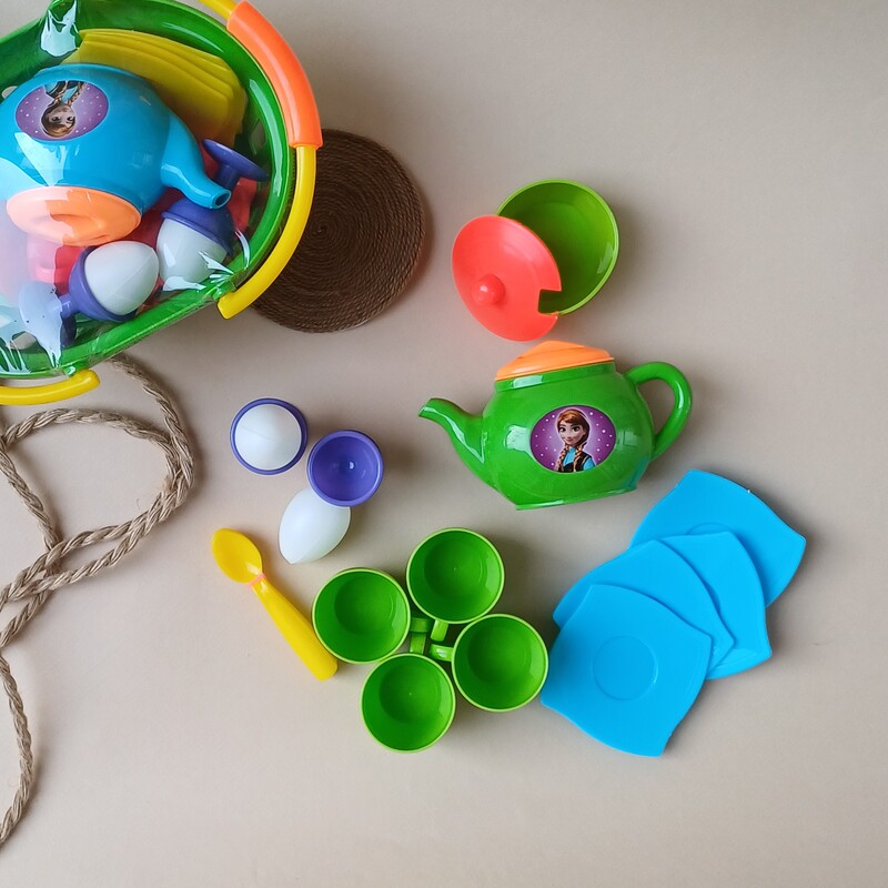 سبد اسباب بازی کودک قوری و ظرف پلاستیکی رنگارنگ نوزاد 