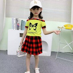 لباس کودک ست دو تکه درجه یک وارداتی کیفیت اورجینال تیشرت و دامن کوتاه طرح پروانه رنگ زرد مناسب یک تا چهار سال


