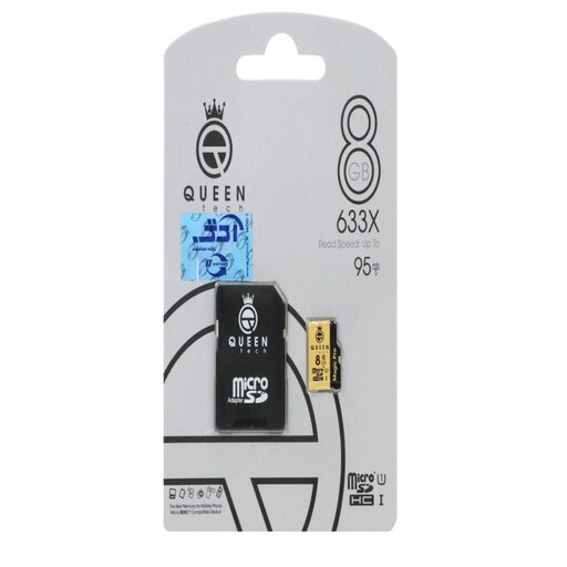 کارت حافظه  Queen tech microSDHC   adapter U1 Class 10 633X  95MB s    8GB مشکی طلایی با گارانتی مادام العمر شرکتی 