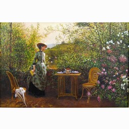 تابلو نقاشی رنگ وروغن کلاسیک زن و میز عصرانه اندازه 60در90