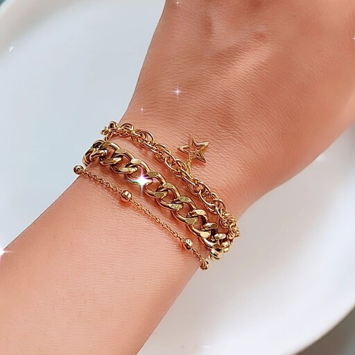 دستبند سه لاین طلایی با آویز ستاره جنس استیل رنگ ثابت