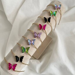 دستبند استیلی مدل پروانه کریستال با زنجیر استیل