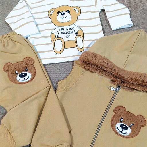 ست 3 تکه لباس نوزادی طرح خرس رنگ قهوه ای روشن مناسب دختر و پسر مناسب عید 