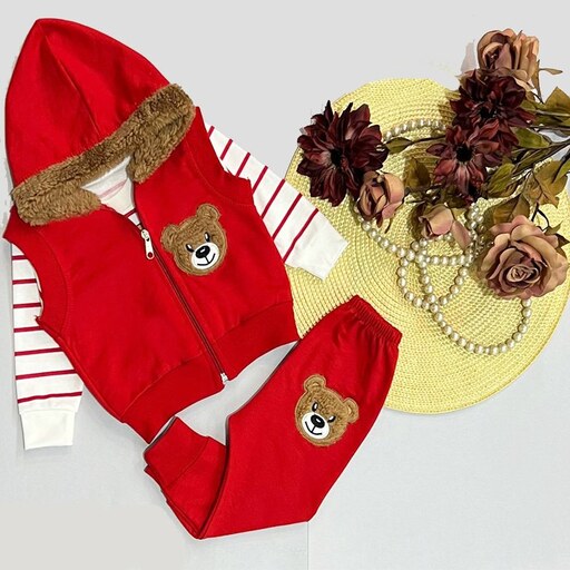 ست 3 تکه لباس نوزادی طرح خرس رنگ قرمز مناسب دختر و پسر مناسب عید 