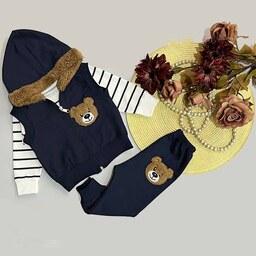 ست 3 تکه لباس نوزادی طرح خرس رنگ سورمه ای مناسب دختر و پسر مناسب عید 