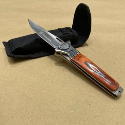 چاقو کارد کلمبیا تاشو تیغه استیل ضدزنگ با قفل تیغه و کیف برزنتی کمری دسته چوبی Columbia 