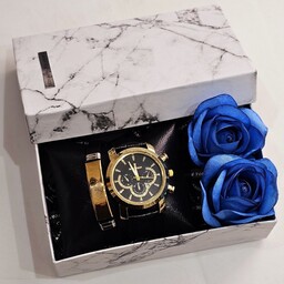باکس هدیه مردانه ساعت و دستبند و گل مصنوعی 