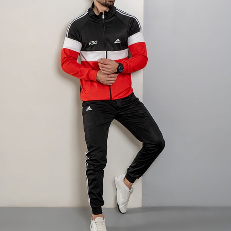 ست سوییشرت زیپی وشلوار ورزشی مردانه و پسرانه آدیداس adidas فری سایز  (لارج و ایکس لارج) رنگ ترکیبی قرمز مشکی سفید