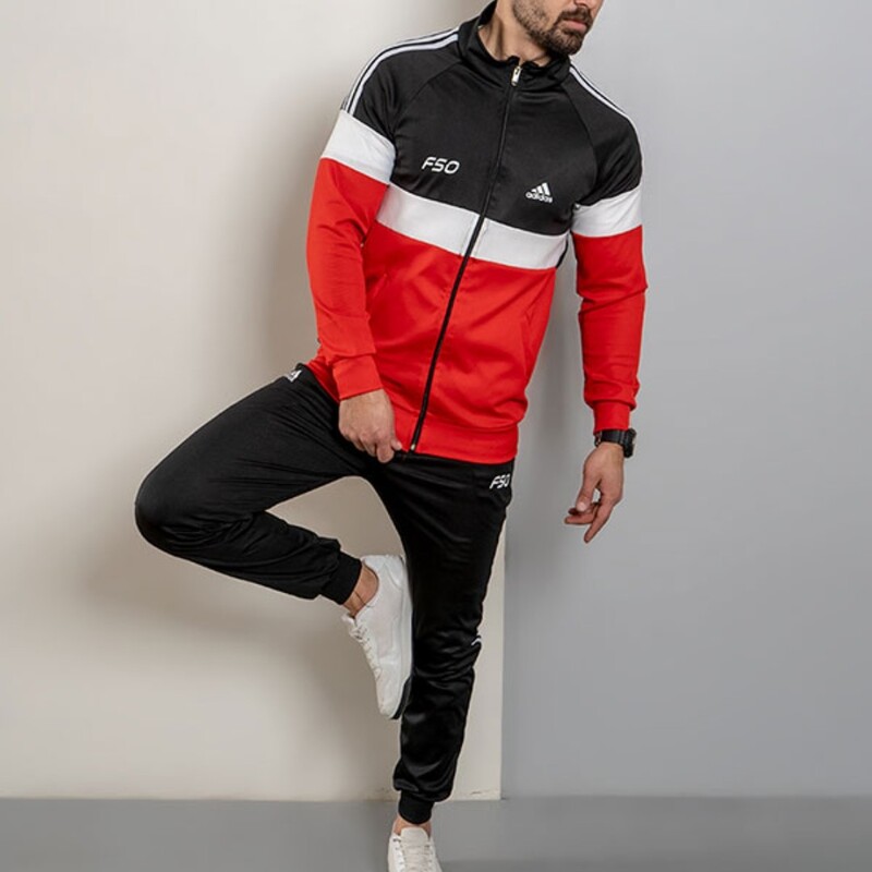ست سوییشرت زیپی وشلوار ورزشی مردانه و پسرانه آدیداس adidas فری سایز  (لارج و ایکس لارج) رنگ ترکیبی قرمز مشکی سفید