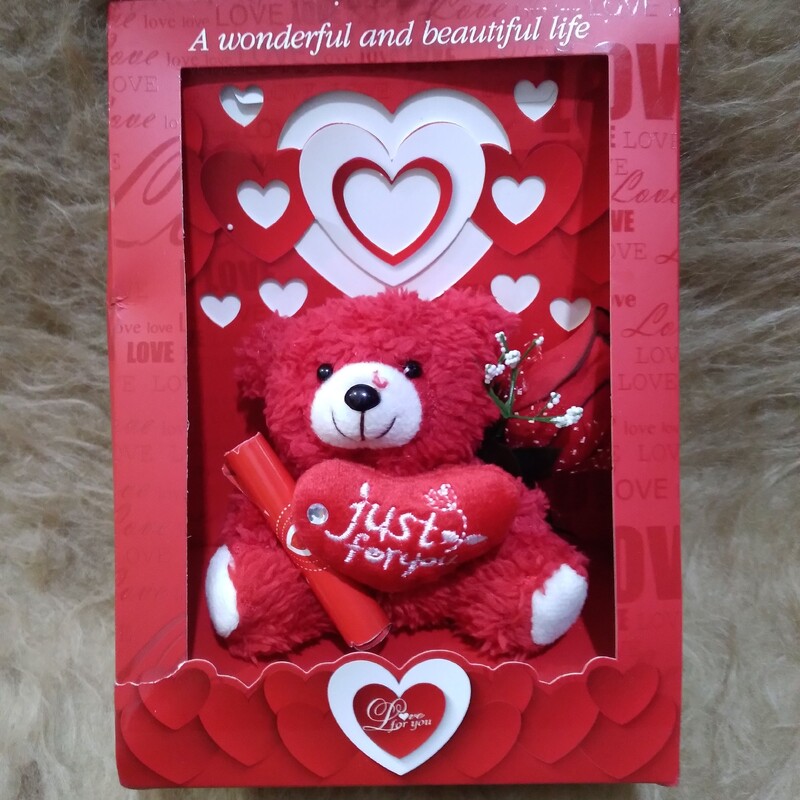 خرس ولنتاین پولیشی،همراه قلب،گل قرمز و نامه عشق باکس زیبا،دارای بسته بندی زیبا و شیک