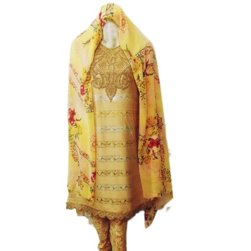 لباس هندی نیمه مجلسی ، جنس پیراهن ساتن بنارسی، جنس شلوار مخمل ابرو باد، دوخته شده کامل مناسب سایز 34 تا 38 
