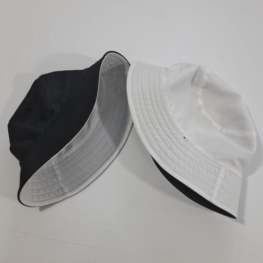 کلاه ماهیگیری باکت جنس پارچه تترون سفید مشکی باکت دورو تولید کلاه باکت کلاه سطلی مردانه و زنانه به قیمت تولید 