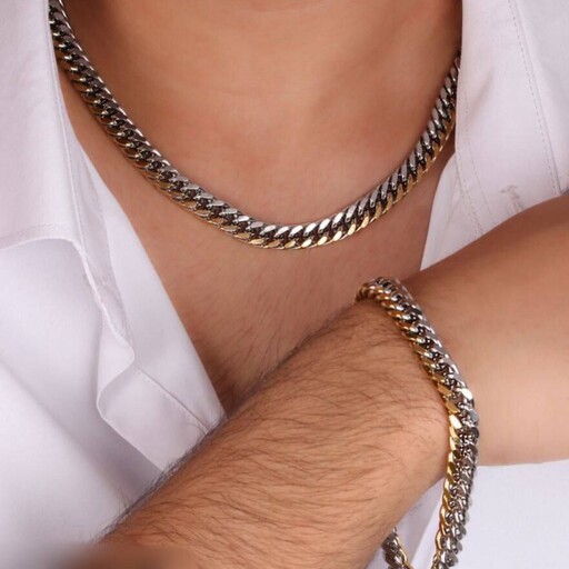 ست دستبند و گردنبند مردانه کارتیر دو رنگ فول استیل 