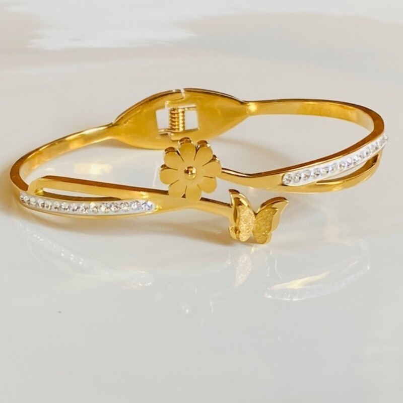 دستبندالنگویی زنانه رنگ ثابت ضدحسایت طرح گل مشابه طلا