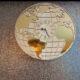 ساعت دیواری چوبی  طرح سه بعدی  برجسته کره زمین ترکیب چوب ومولتی استایل طلایی آینه ای سایز 50سانت