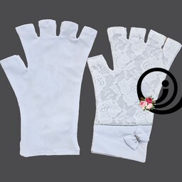 دستکش نیم انگشتی (نیم پنجه ای) توری سفید مجلسی زنانه با تزئینات و کفی ریون