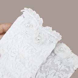 دستکش توری سفید زنانه تزئین شاه با گل و برگ برجسته و مروارید