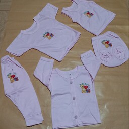 پنج تیکه  تریکو نوزادی سایز 0و1 رنگ صورتی و ابی ،مناسب برای نوزاد تا 2 ماه