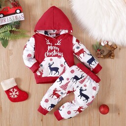 هودی شلوار نوزادی 3تا6 ماه لباس بچگانه کریسمس یلدا قرمز اسپرت دخترانه پسرانه
