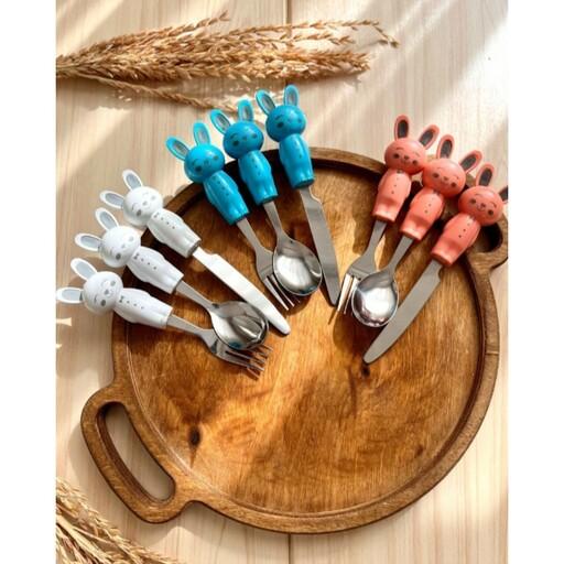 سرویس قاشق و چنگال و چاقو بچگانه در سه رنگ طرح خرگوش