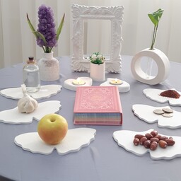 ظروف هفت سین طرح گلبرگ همراه با جاشمعی و قاب آینه ،گلجا و گلدان