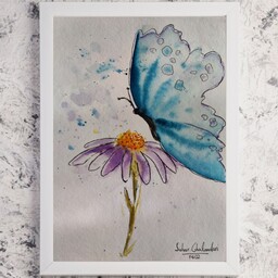تابلو نقاشی دکوراتیو طرح گل و پروانه تکنیک آبرنگ 