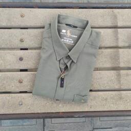 پیراهن مردانه ساده آستین بلند تک جیب سبز لجنی 2