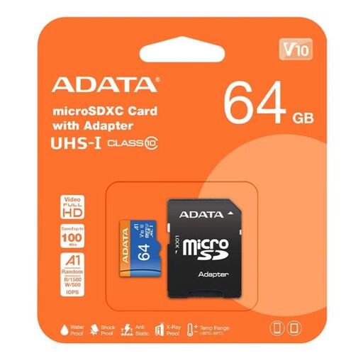 کارت حافظه microSDXC ای دیتا مدل Premier کلاس 10 استاندارد UHS-I V10 A 1سرعت 100MBps ظرفیت 64 گیگابایت به همراه آداپتور