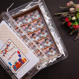 گیفت شکلات 3 در 3 سانتیمتری سفارشی با چاپ عکس اختصاصی جعبه 18 تایی