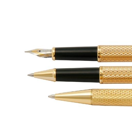 خودکار و خودنویس و روان نویس سه تایی  مدل pOINT  رنگ بدنه طلایی گیره طلایی