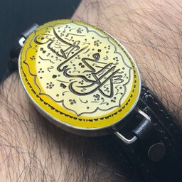 دستبند عقیق زرد  خراسانی با چرم گاوی طبیعی  منقش به کل الخیر فی باب الحسین