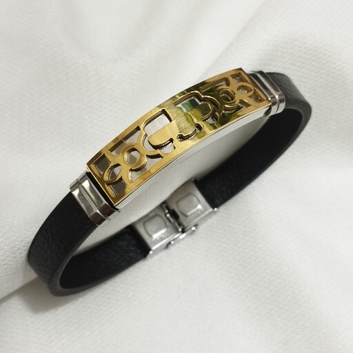 دستبند چرمی یراق استیل طرح فروهر  طلایی  زیبا اسپرت 