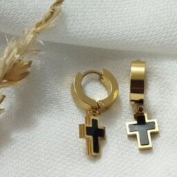 گوشواره صلیب دو رنگ استیل مشکی طلایی