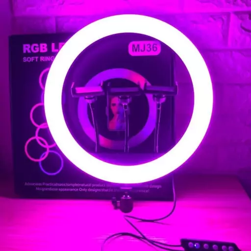 رینگ لایت سایز 36 RGB  رنگی به همراه سه پایه 2 متری حرفه ای  رقص نور دار همراه ضمانت 6 ماه کالا رینگلایت 7 رنگ 