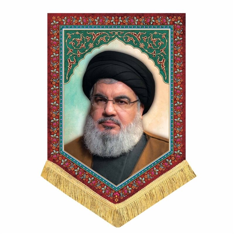 پرچم تمثال سید حسن نصرالله فرمانده کل حزب الله لبنان کتیبه مخمل صادراتی قابل شستشو